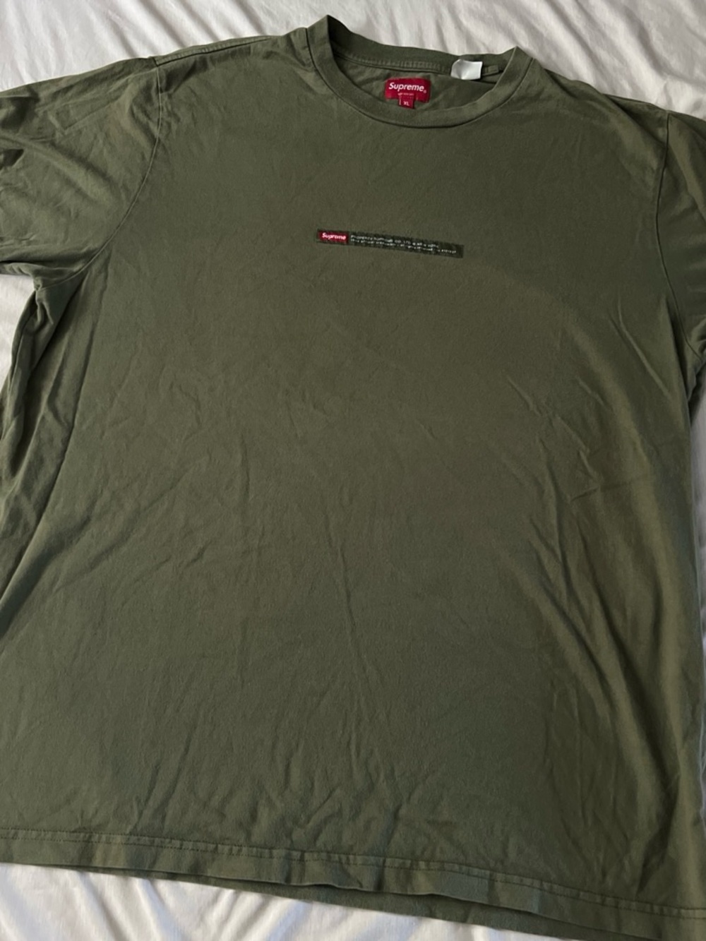 Supreme Olive Green Tee with Small Red Logo Patch